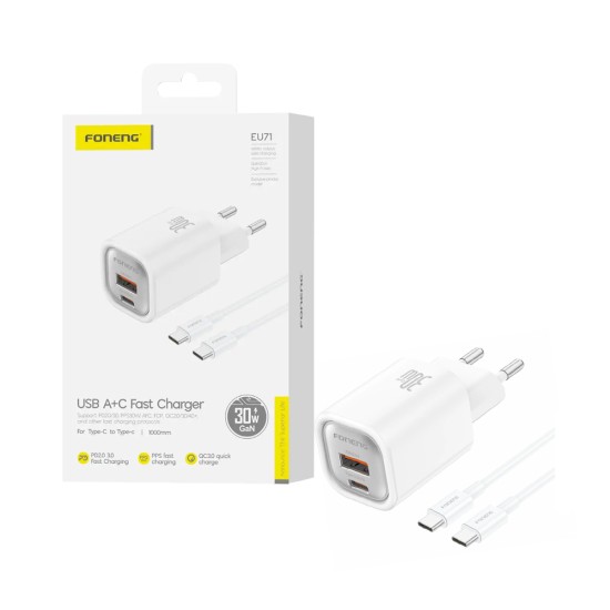 Carregador Foneng EU71 2 Portas USB-A+Tipo-C PD30W com Tipo-c para Tipo-C 1m Branco
